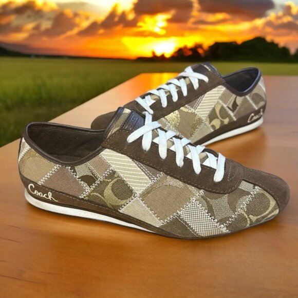 COACH Tidy Brown Patchwork Signature Monogram Logo Sneakers #A1351 Size 8.5M - Picture 1 of 13